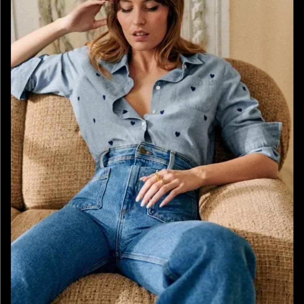 Sézane Blue Hearts Embroidered Chambray Tomboy Shirt